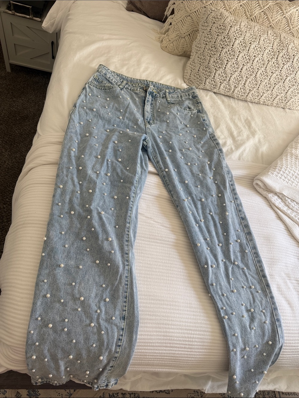 Light Blue Pearl-Embellished Women’s Jeans